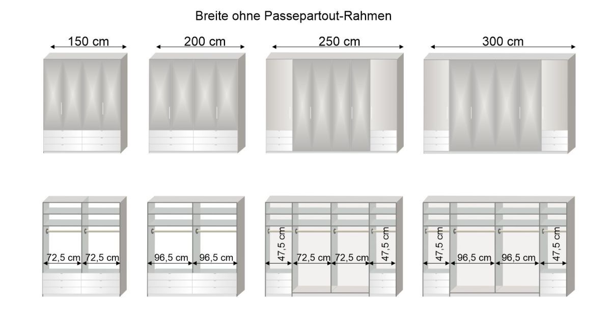 Grafik zur Inneneinteilung des Spiegel-Funktions-Kleiderschranks Westville in 150-300 cm Breite