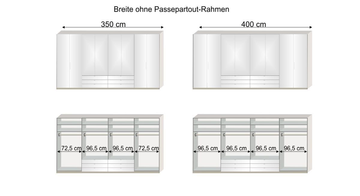 Grafik zur Inneneinteilung des Spiegel-Kleiderschranks Elmira in den Breiten 350 und 400 cm