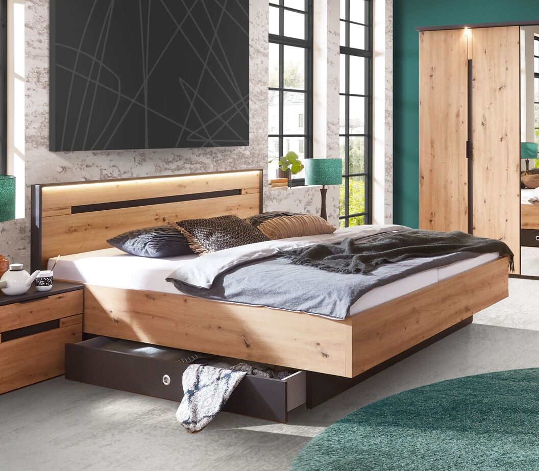 Modernes Bett Aboye in stilvollem Materialmix