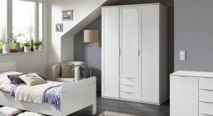 Weißer Funktions-Kleiderschrank mit Schubladen Aradeo - optimale Stauraum-Lösung für Studenten-Schlafzimmer.