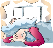 Zeichentrickfigur die in einem hellen Zimmer schläft