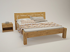 Holzbett mit passendem Nachttisch und Bettwäsche